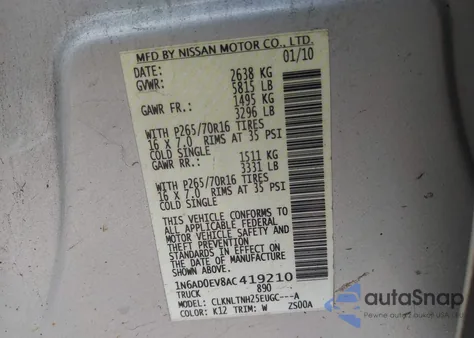 2010 Nissan Frontier Se z USA, uszkodzony, nr VIN 1N6AD0EV8AC419210